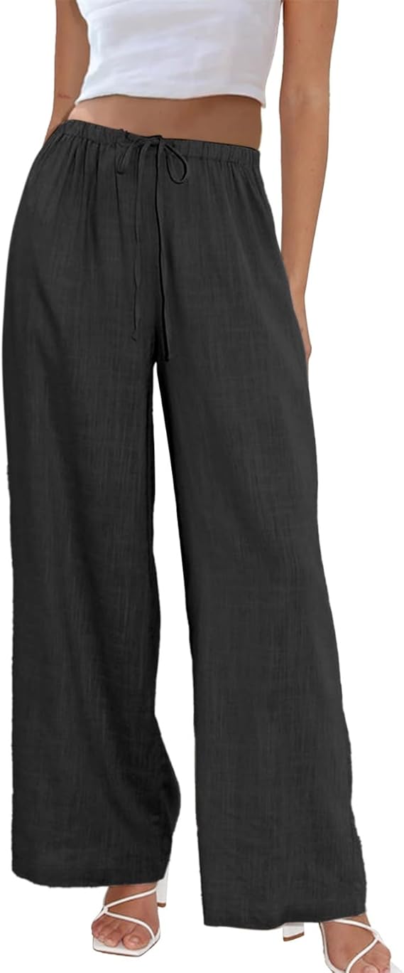 Womens Cotton Linen Palazzo Pants Drawstring Elastic Waist Casual Wide Leg Trousers with Pockets